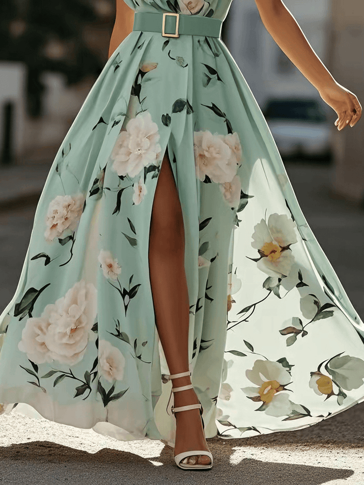 Amelie | Maxikleid Chiffon su gėlių raštu ir atviromis pečių dalimis šviesiai žalia