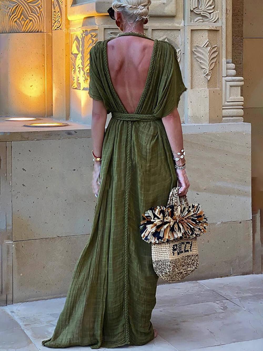 Elke | Maxi suknelė su skeltuku, kimono ir pintų detalių