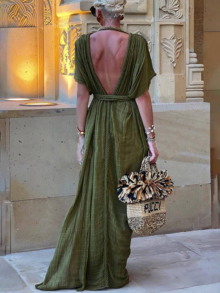 Elke | Maxi suknelė su skeltuku, kimono ir pintų detalių