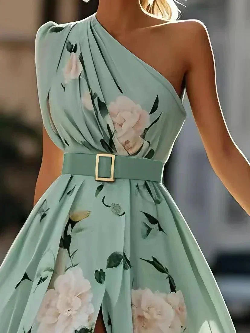 Amelie | Maxikleid Chiffon su gėlių raštu ir atviromis pečių dalimis šviesiai žalia