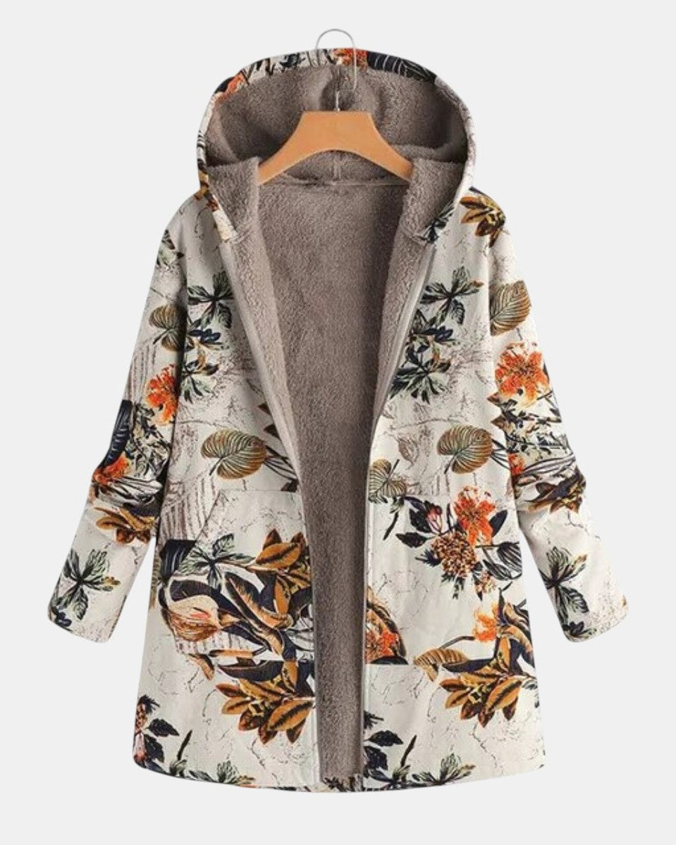Elena – Boho-Sherpa-Kapučino apsiaustas su gėlių raštu