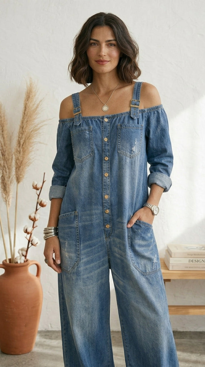 Džinsinis Jumpsuit su Atvirais Pečiais