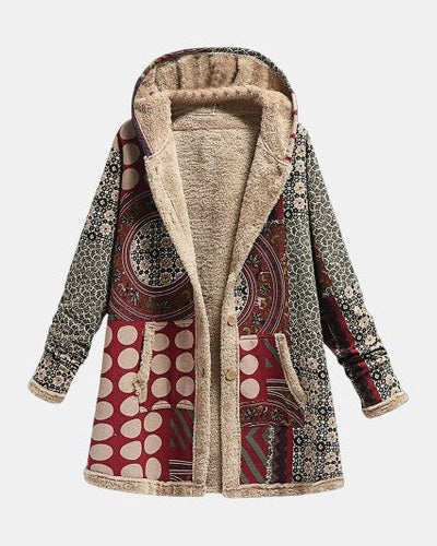 Scarlet – Bordeaux raudonas Sherpa paltas su geometriniu raštu