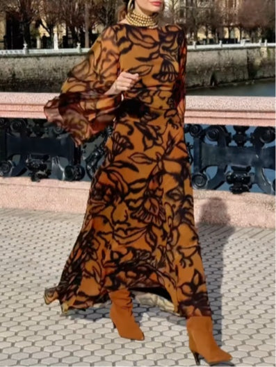 Petra | Ilga suknelė su spausdiniu Glamour paplūdimiui ruda