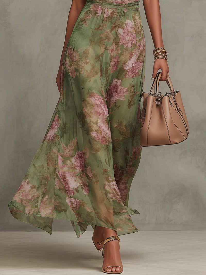 Emma | Maxikleid Chiffon su gėlių raštu žalia su atvira nugarėle