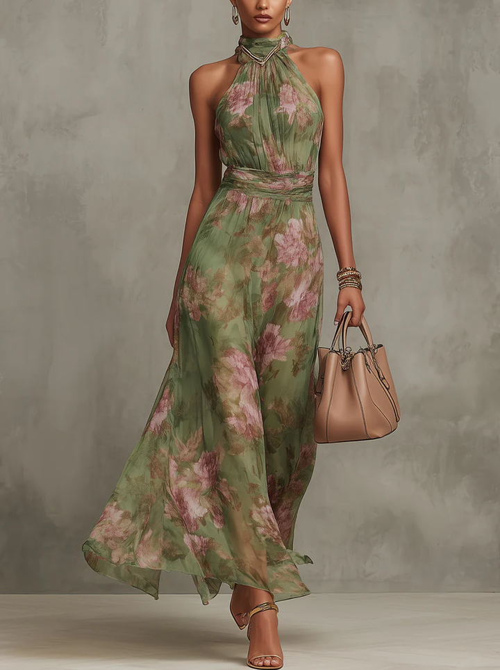 Emma | Maxikleid Chiffon su gėlių raštu žalia su atvira nugarėle