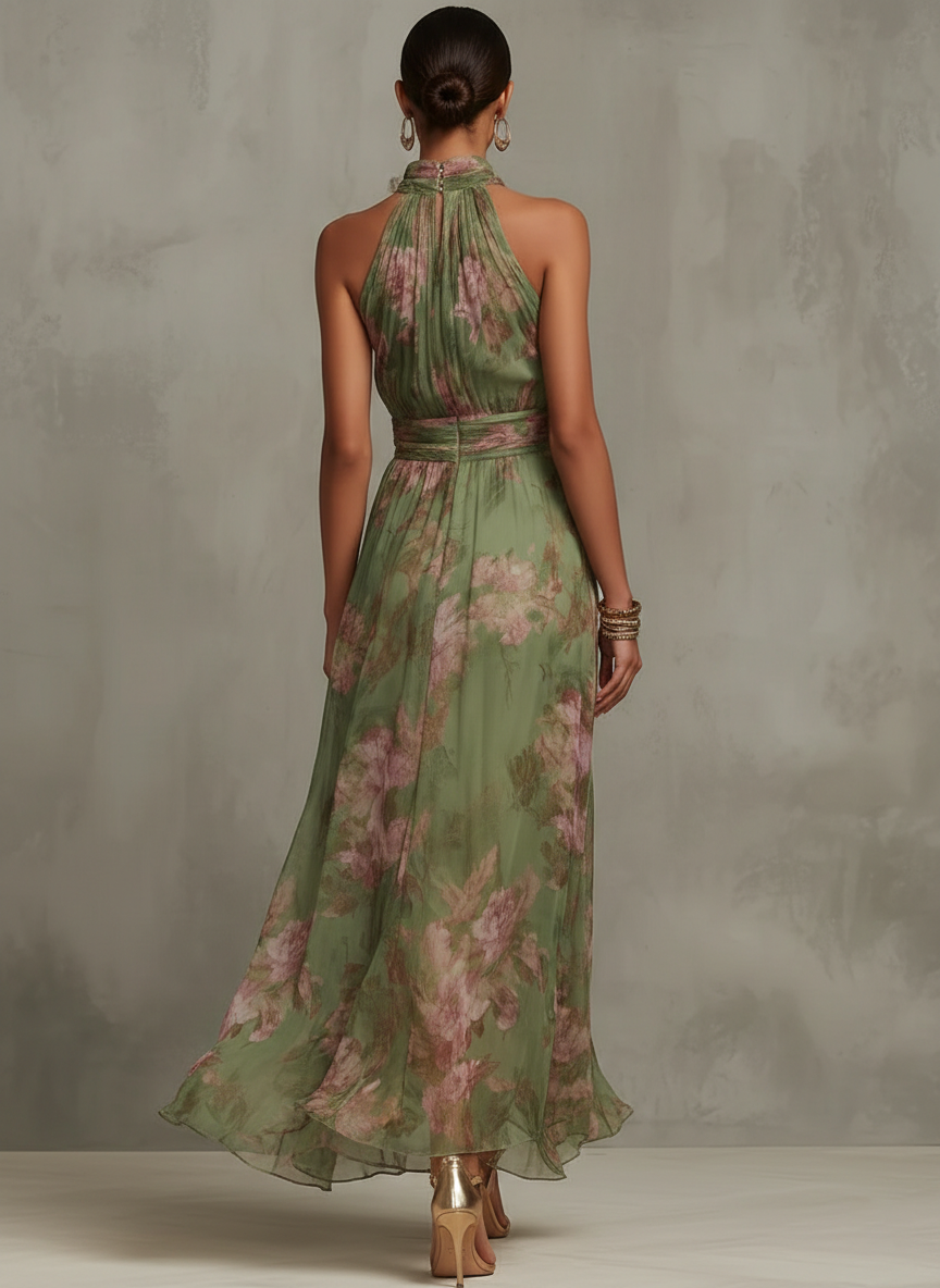 Emma | Maxikleid Chiffon su gėlių raštu žalia su atvira nugarėle