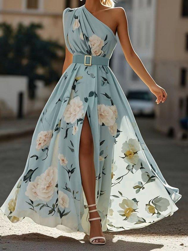 Amelie | Maxikleid Chiffon su gėlių raštu ir atviromis pečių dalimis šviesiai žalia